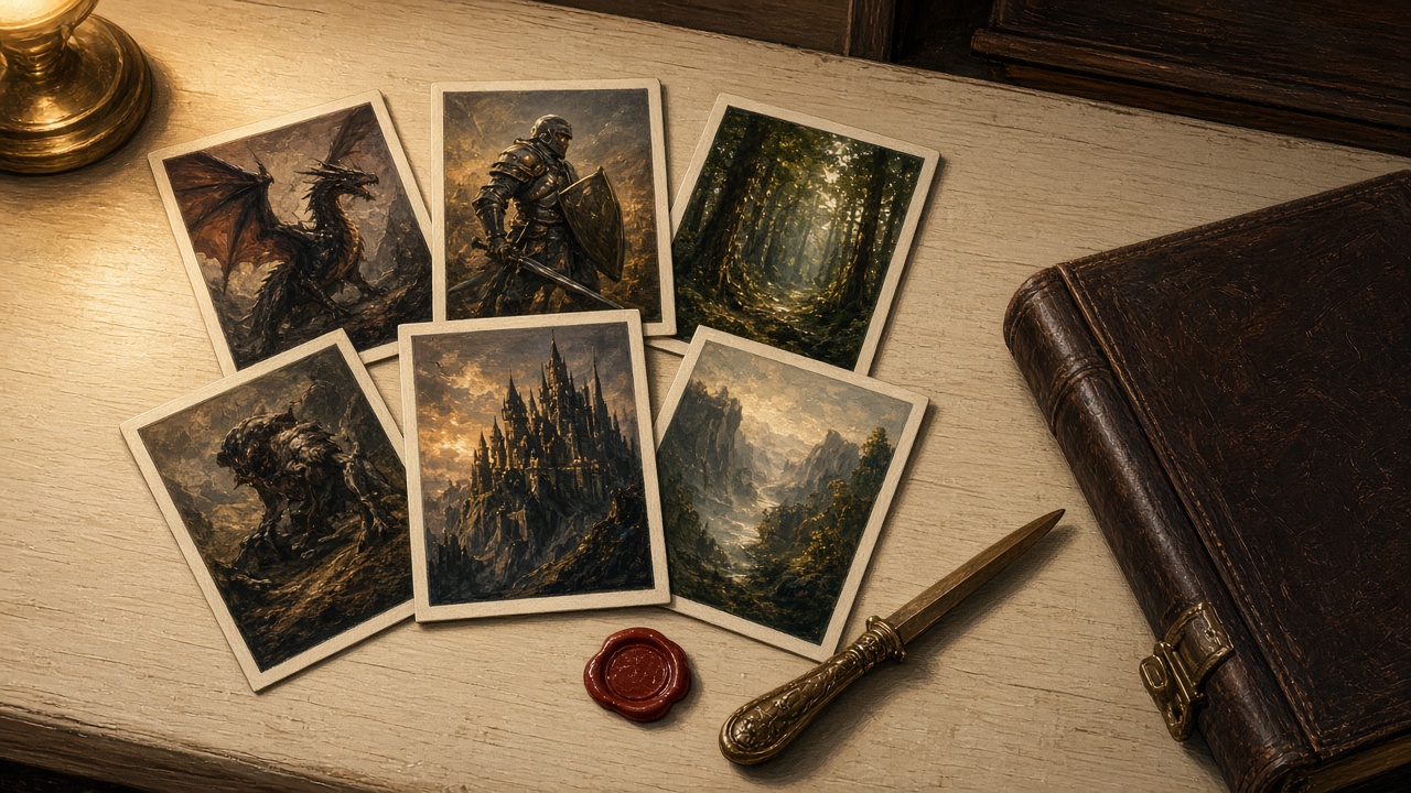 Original painting of a trading-card market desk
